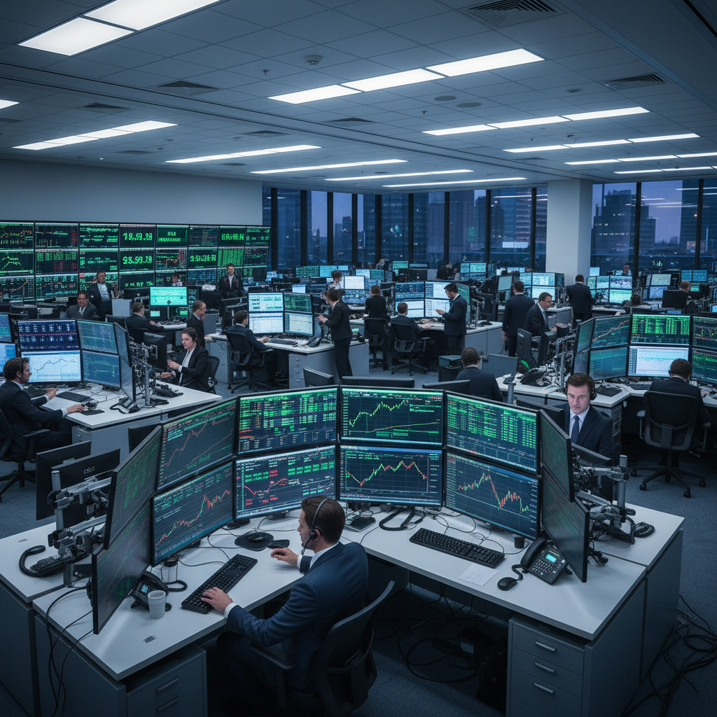 Stock market trading floor with digital screens showing green upward trends
