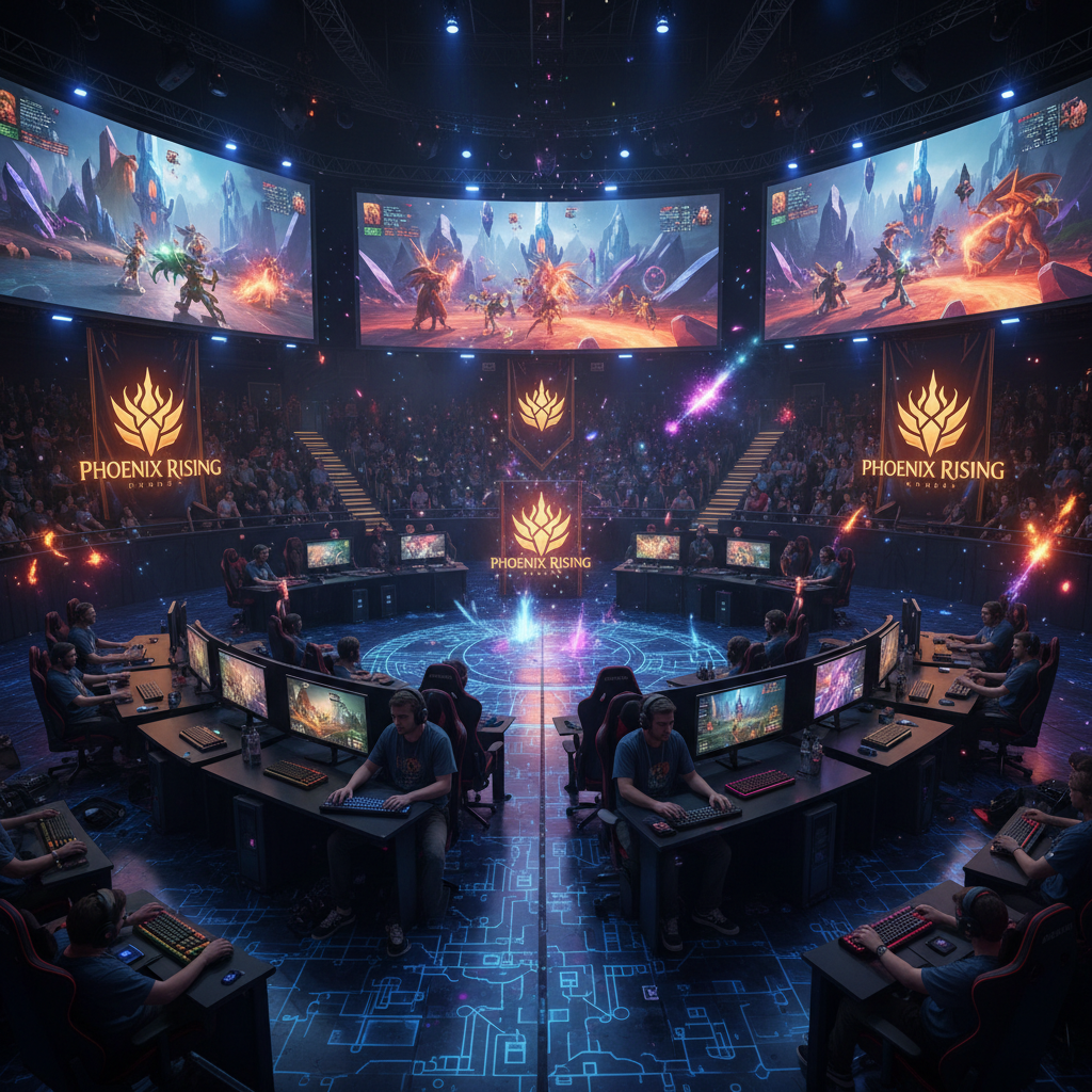 Large esports arena with crowd watching tournament on giant screens