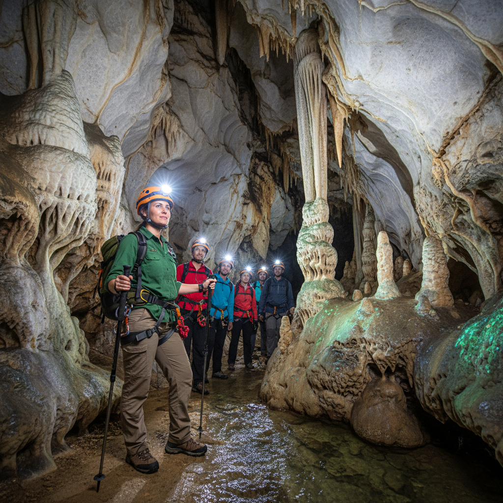 Professional Filipino tour guide in TRAVERSIA uniform explaining historical site details to group of international tourists
