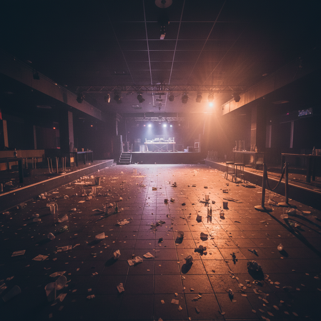 Empty club after closing, house lights barely up, fog still hanging in the air, scattered cups on the floor