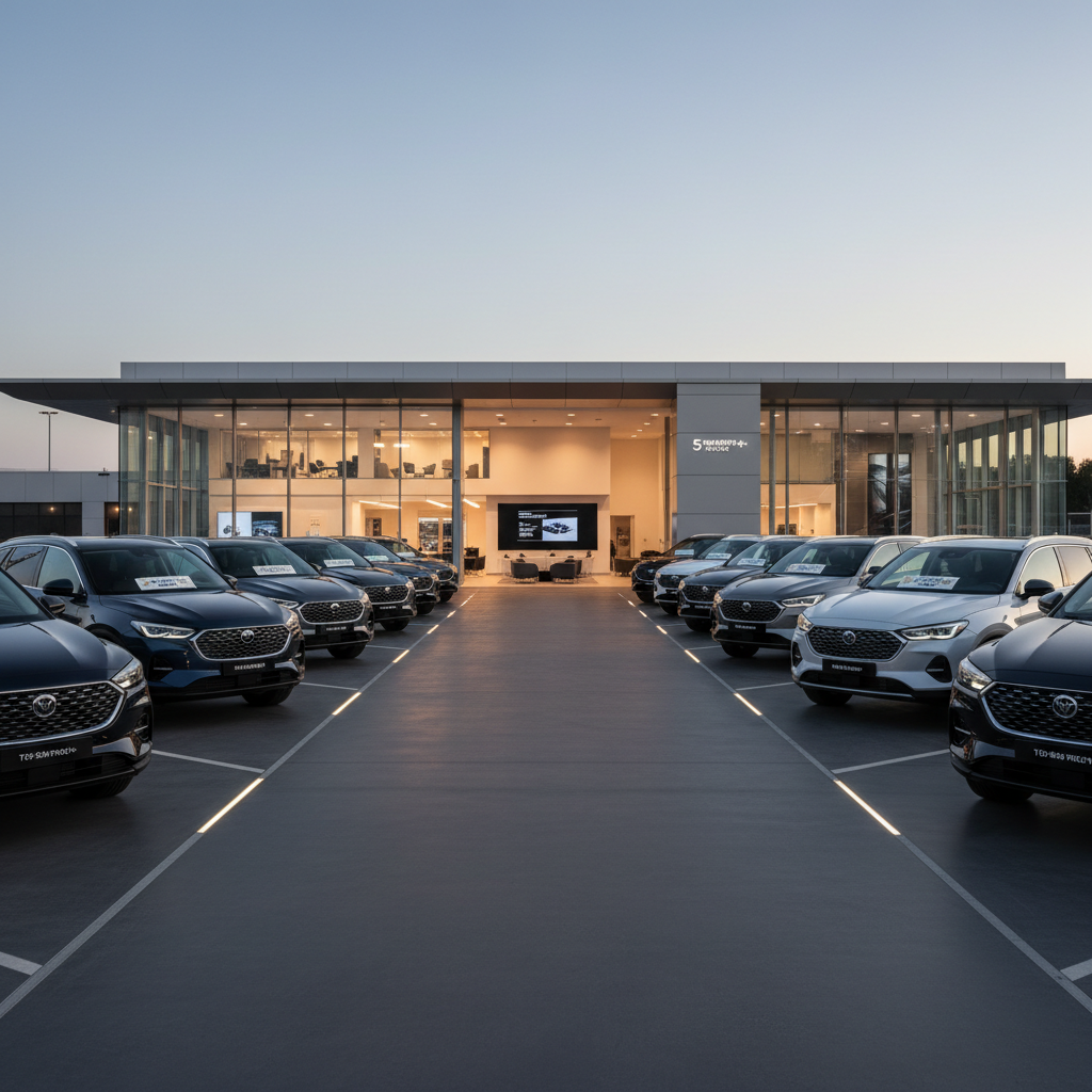 Car dealership exterior at dusk with colorful flags and parked vehicles, warm evening lighting