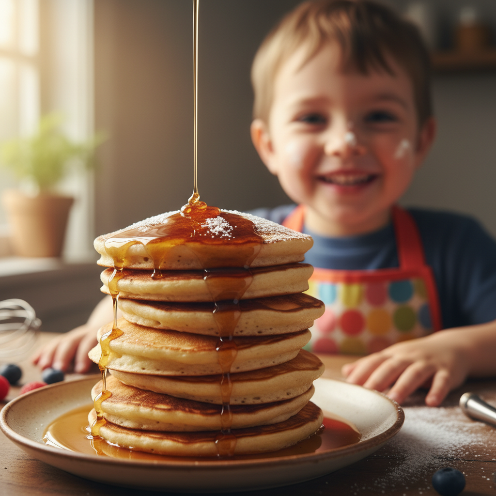 Stack of fluffy pancakes with maple syrup drizzle, made by a child with proud expression
