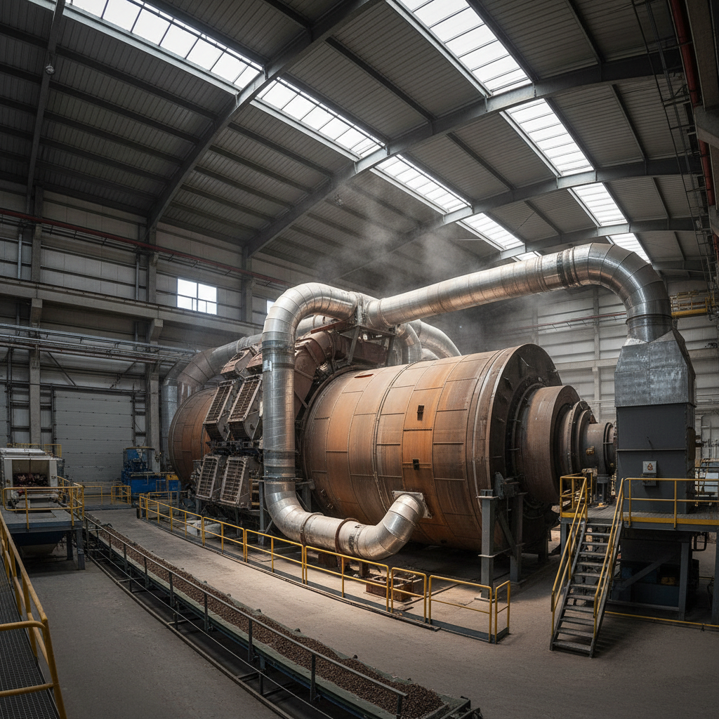 Large industrial rotary drum dryer with heat exchangers and ducting in a biomass processing facility