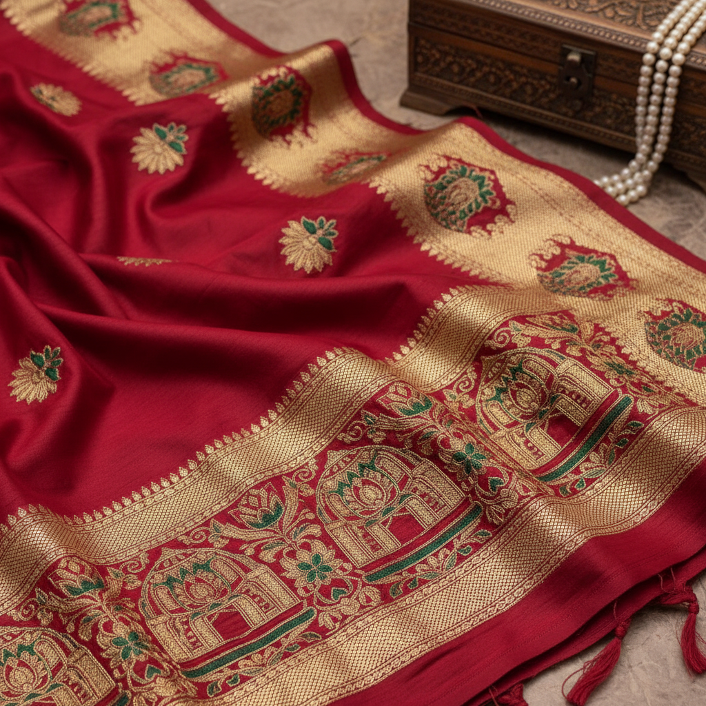 Ancient Indian silk textile with gold thread embroidery, rich colors, museum display, close-up detail