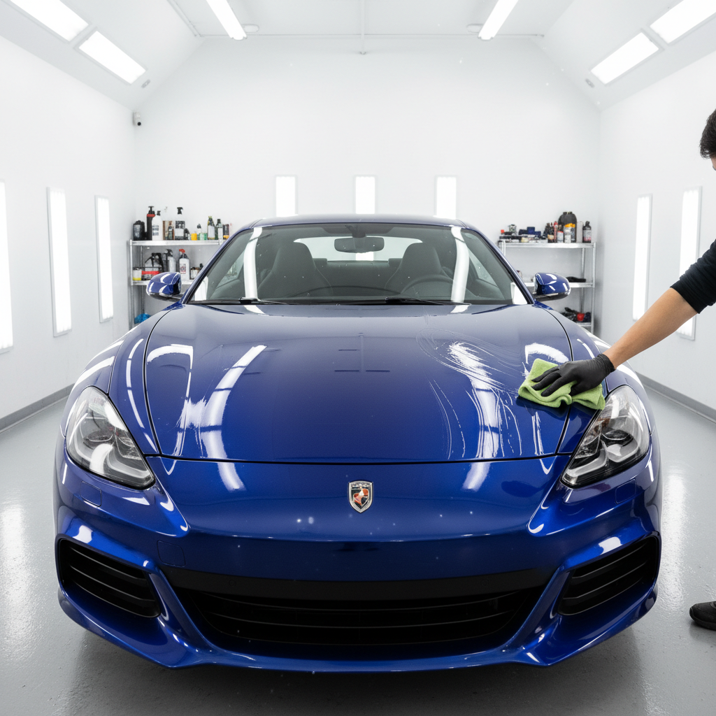 Detailer carefully applying ceramic coating to a black car panel in a clean workshop, bright work lights, focused craftsman