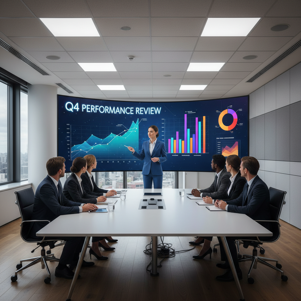 Caucasian man in business casual attire presenting retail analytics dashboard with customer behavior insights on large screen