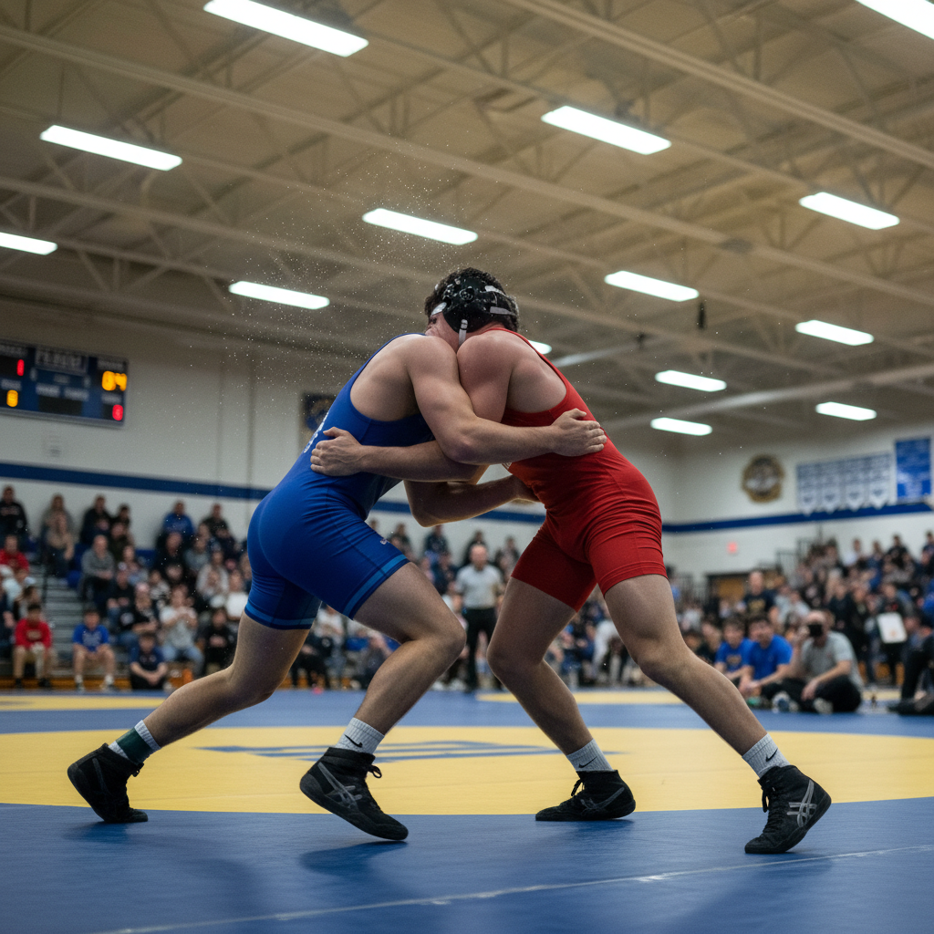 Two wrestlers mid-scramble on the mat, one driving a single-leg takedown, sweat frozen mid-flight under harsh gymnasium fluorescents
