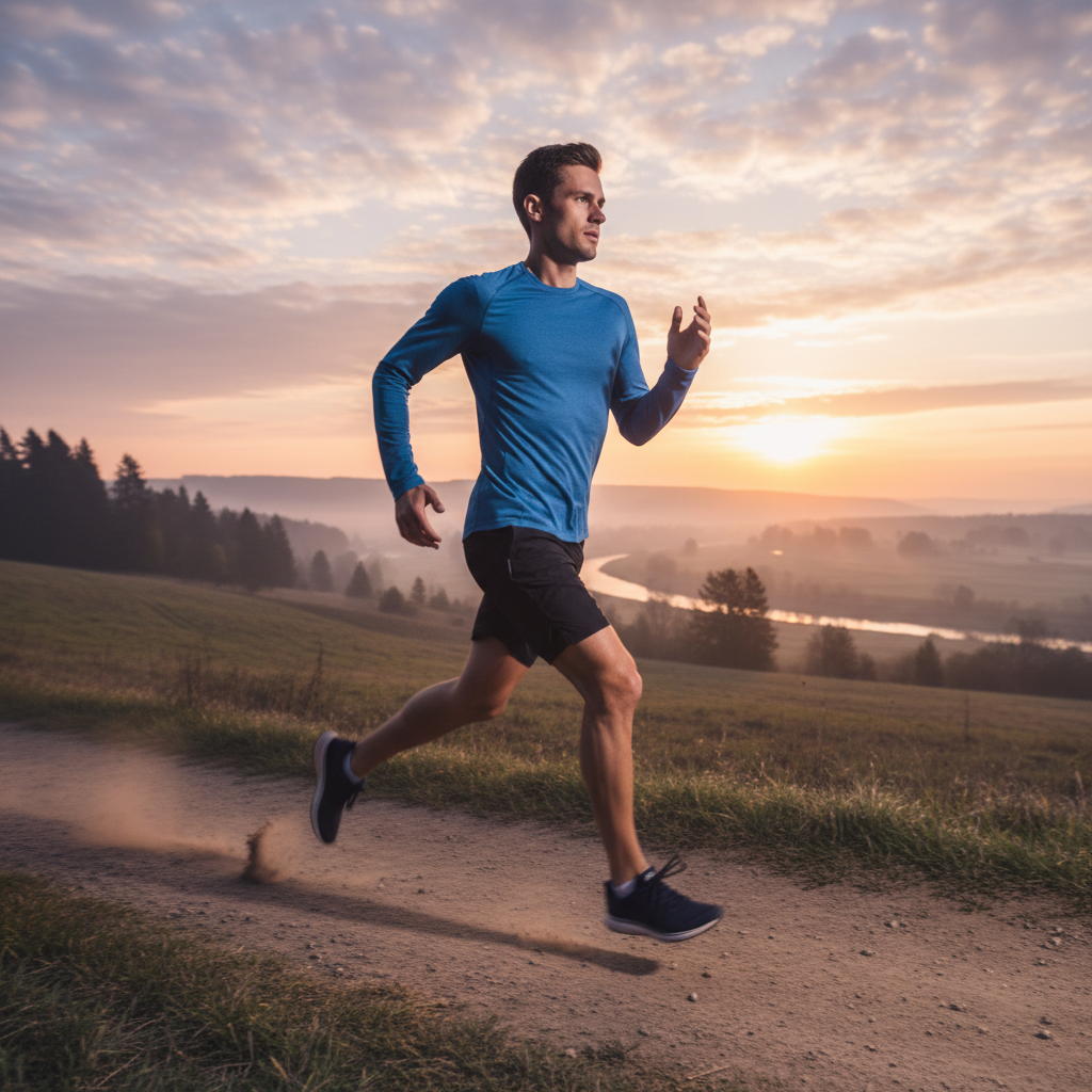 Runner sprinting on road at sunrise, dramatic sky, athletic form, motion blur on legs