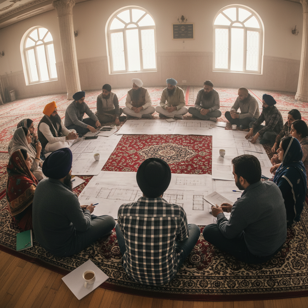 Community meeting in gurdwara hall, men and women seated in circle on the floor discussing building plans, papers spread between them