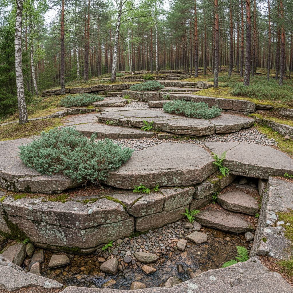 Nordic stone garden with layered granite slabs, low juniper planting and woodland edge transition