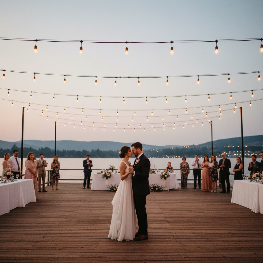 Wedding guests dancing on a waterfront dance floor with sunset light streaming in
