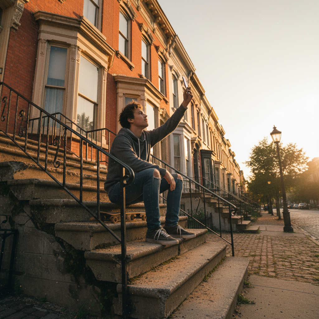 A residential street at golden hour — warm light falls across row houses, a teenager sits on concrete steps holding a phone high searching for signal