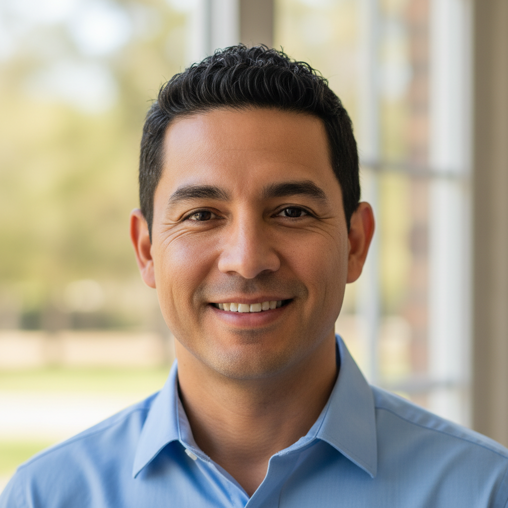 Mexican man smiling in casual professional attire, warm natural background