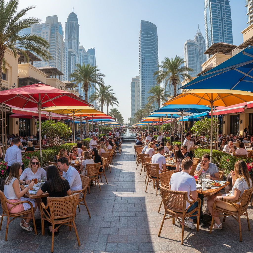 Dubai Marina waterfront at dusk with illuminated skyscrapers and luxury yachts