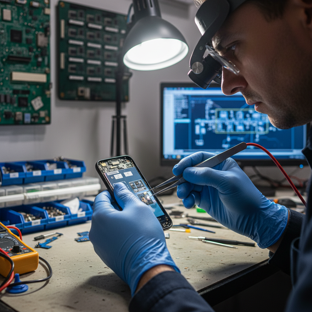 Phone repair technician working with precision tools in dim atmospheric workshop, dark moody background