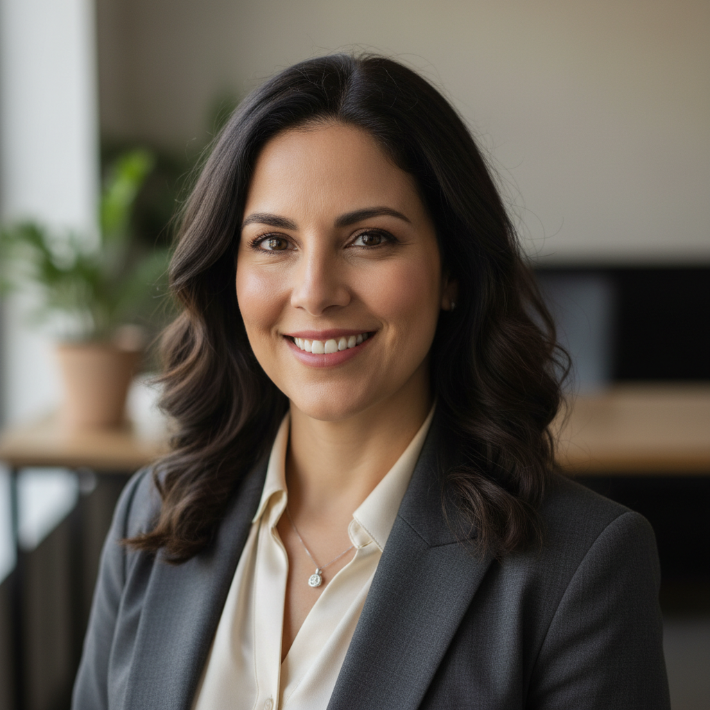 Hispanic woman in her 30s, friendly professional expression, business attire, light background
