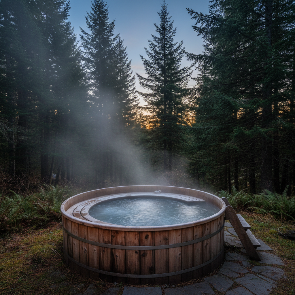 Glowing hot tub at night with steam rising and soft LED lighting in a lush garden setting