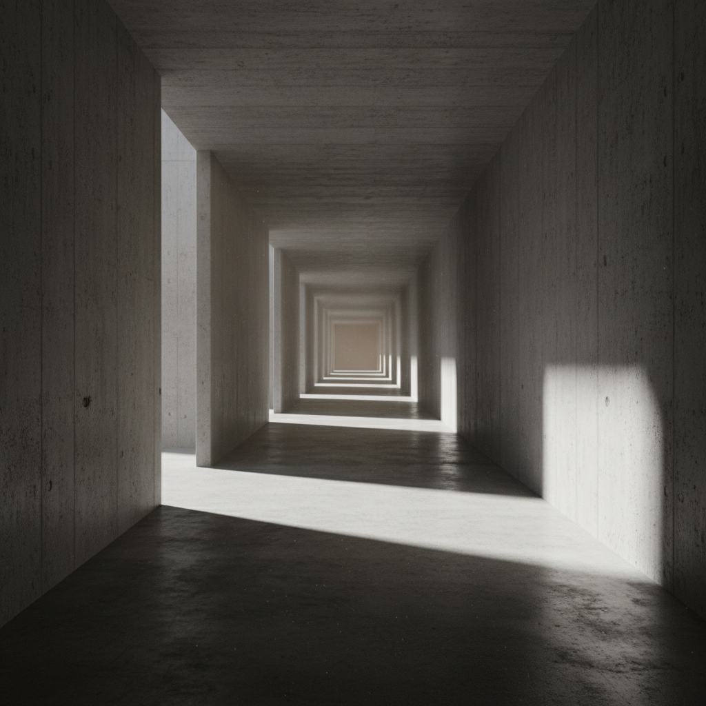 Long corridor with vanishing point perspective, concrete walls and dramatic side lighting