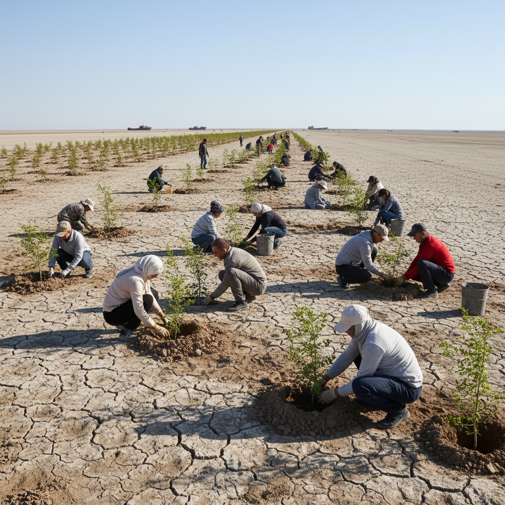 Volunteers planting saplings in a row at a community green drive, lush open field, bright daylight