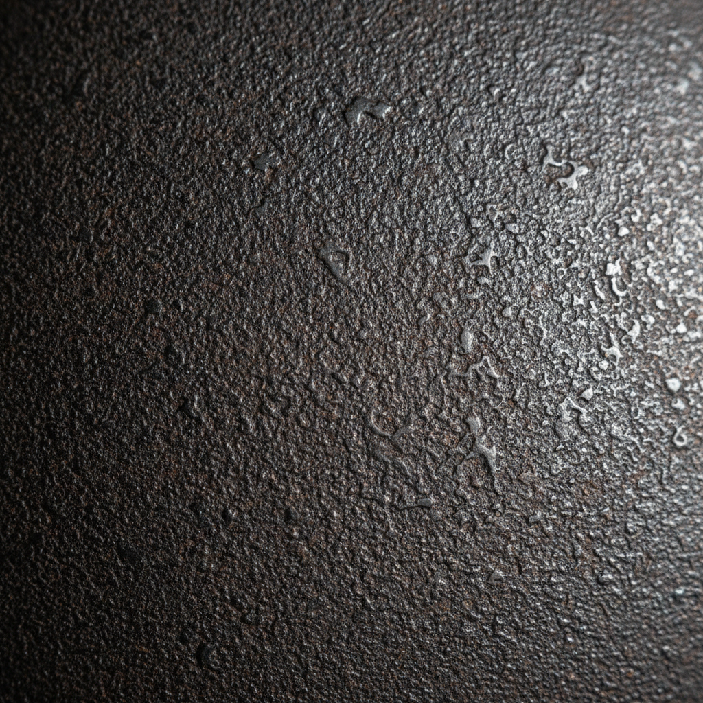 Detail shot of cast iron skillet handle showing texture and patina with focused macro lighting