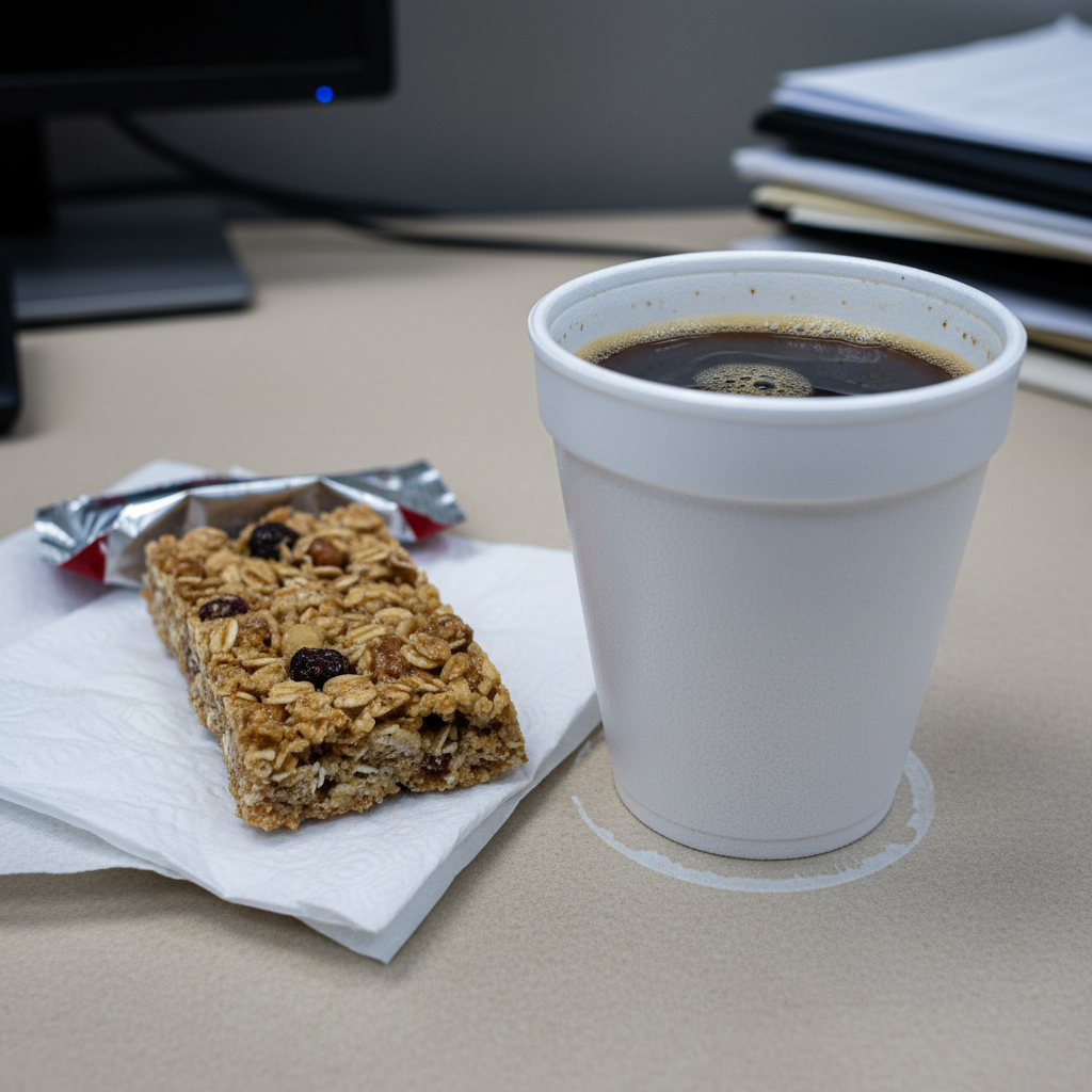 Sad desk breakfast with processed granola bar and coffee in styrofoam cup under fluorescent office lighting