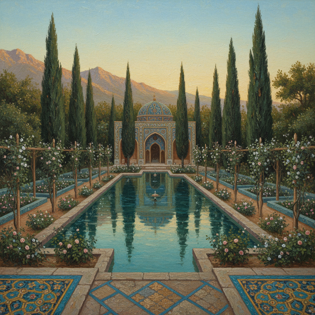Lush Persian garden with cypress trees, reflecting pools, and ornate pavilion in Shiraz