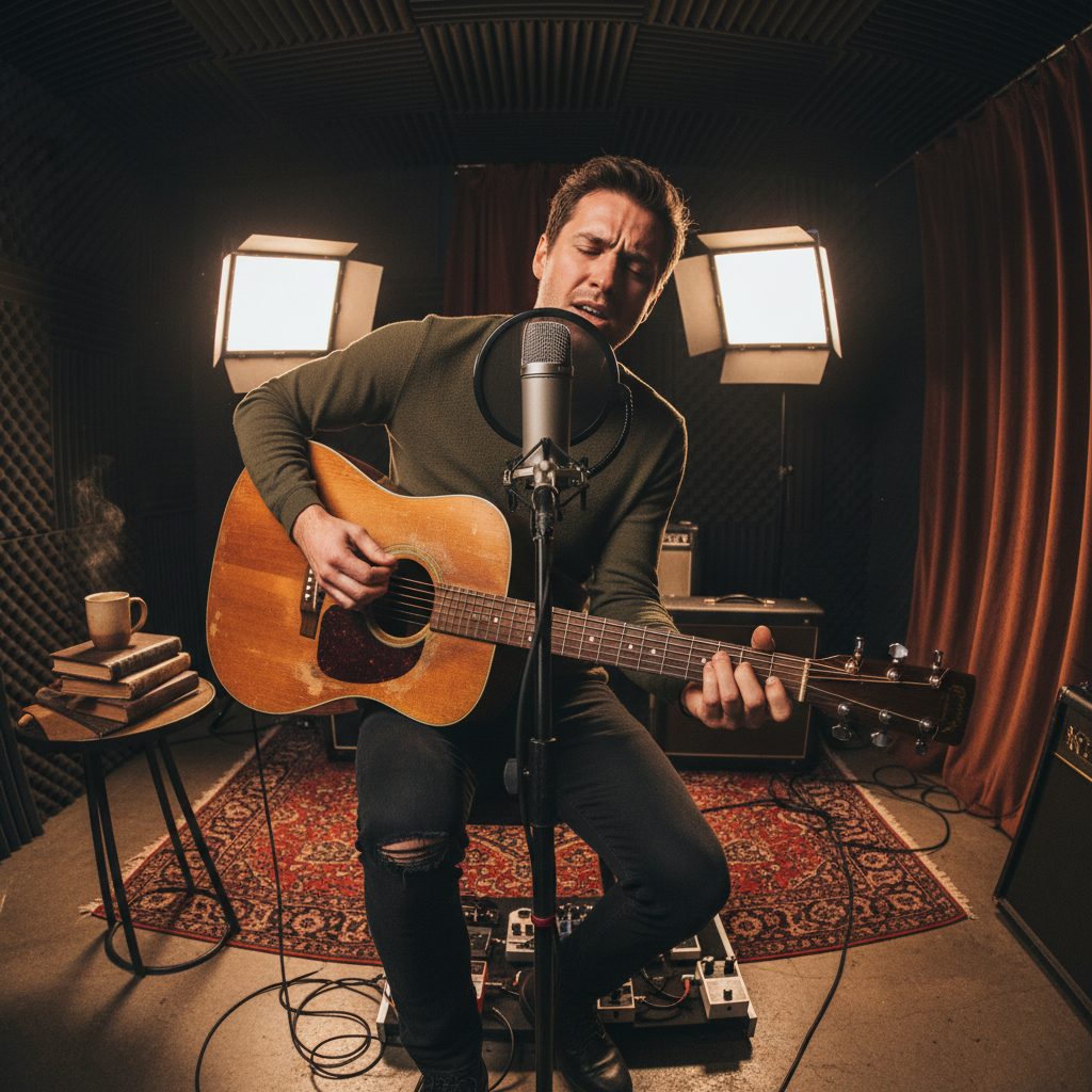 Raw live session recording with artist performing in intimate studio setting