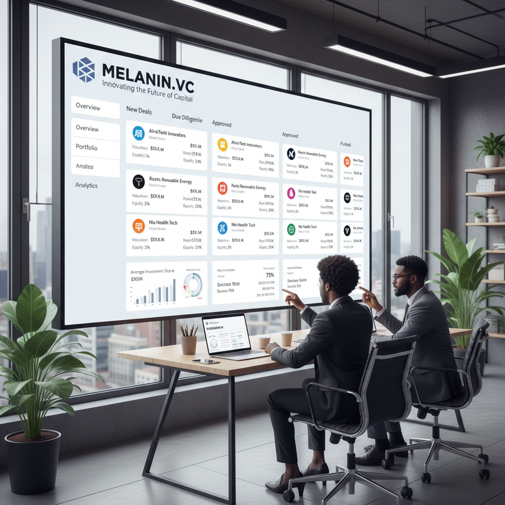 Melanin.vc investment platform showing deal flow dashboard with startup cards and investment metrics