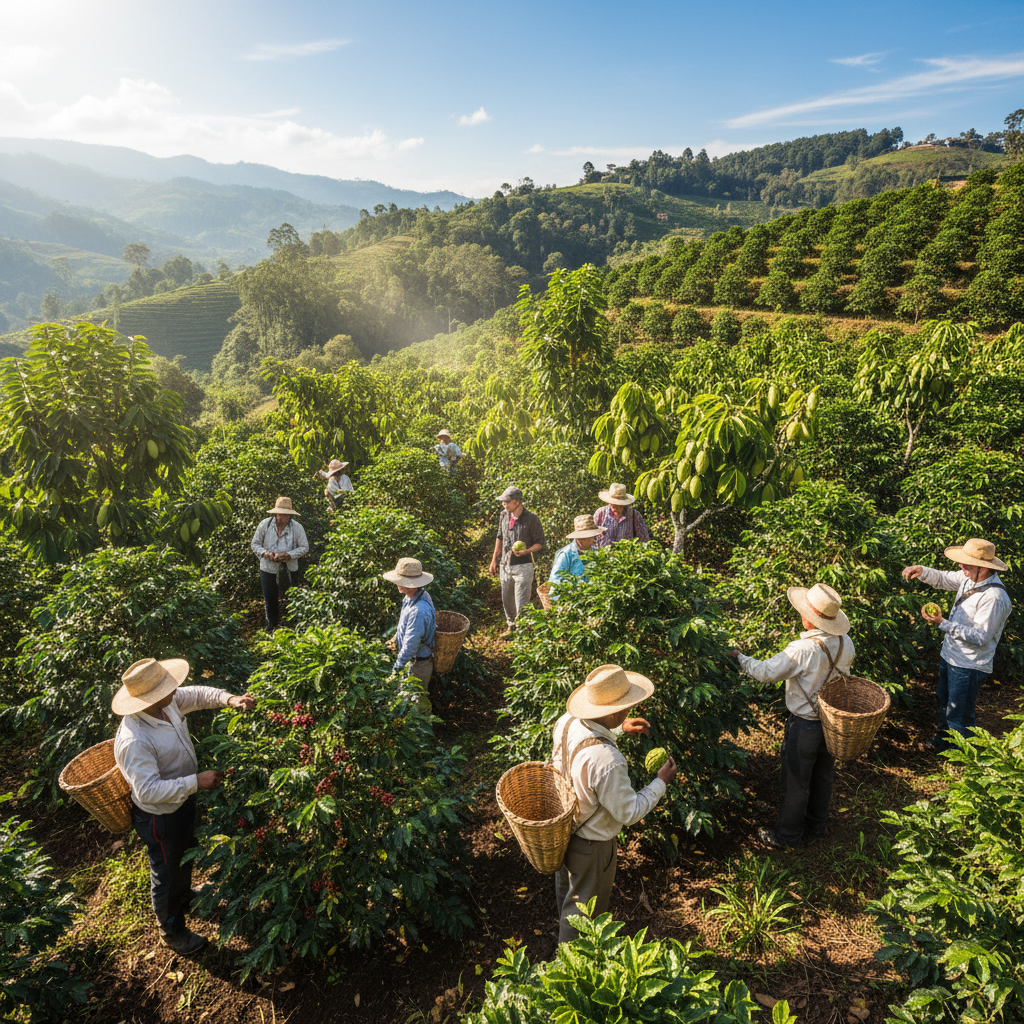 Lush coffee plantation rows in morning mist with dark atmospheric green canopy and soft diffused light