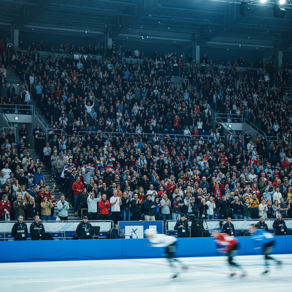 Crowd of spectators watching speed skating from the stands