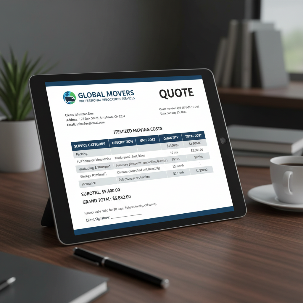 Professional PDF quote document with itemized moving costs broken down by service category