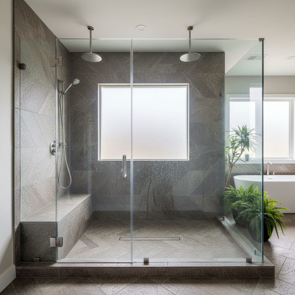 Walk-in shower enclosure with clear tempered glass panels and stone floor