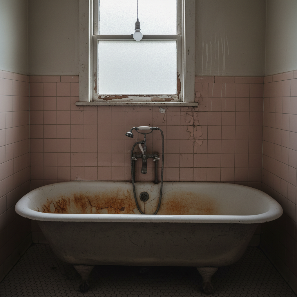 Dated bathroom with old pink tile and worn fixtures before renovation