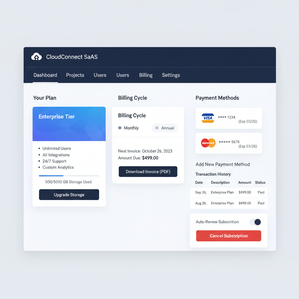 SaaS platform development dashboard showing multi-tenant architecture, subscription management interface, and API integration tools