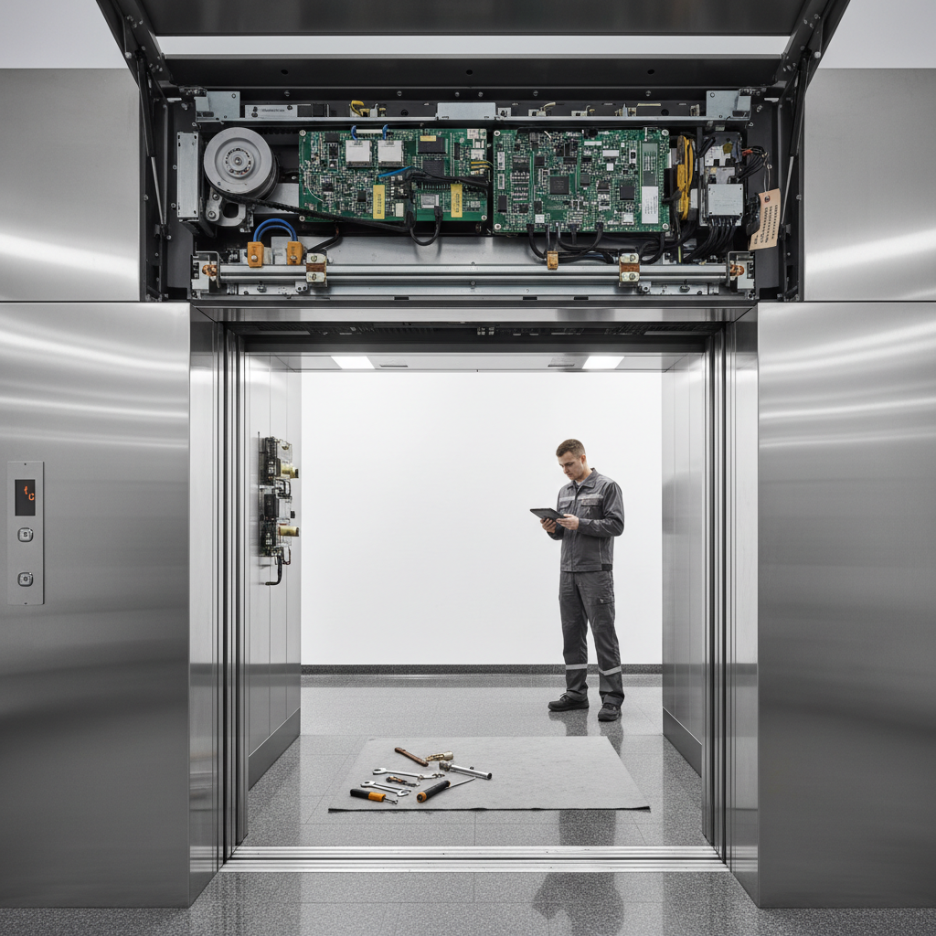 Two technicians in navy coveralls reviewing a tablet beside an open inspection hatch at pre-dawn with a commercial building lobby glowing behind them