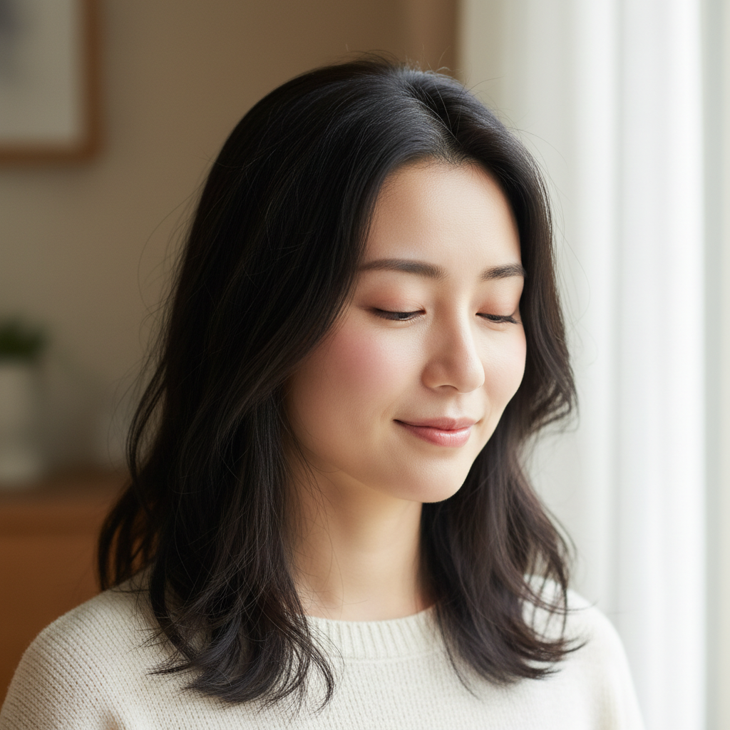 Model with silky smooth Malaysian straight hair in bright well-lit airy studio setting