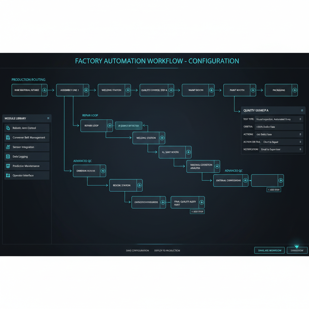 Factory automation workflow configuration screen with customizable production routing and quality control steps