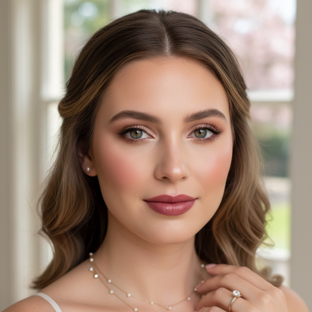 Elegant engagement makeup look with fresh glowing skin and subtle eye makeup
