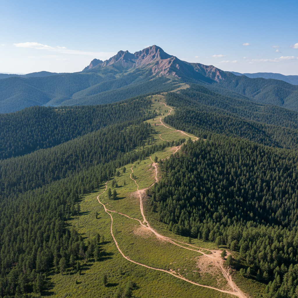 Aerial view of zip line rider high above pine forest with mountain backdrop