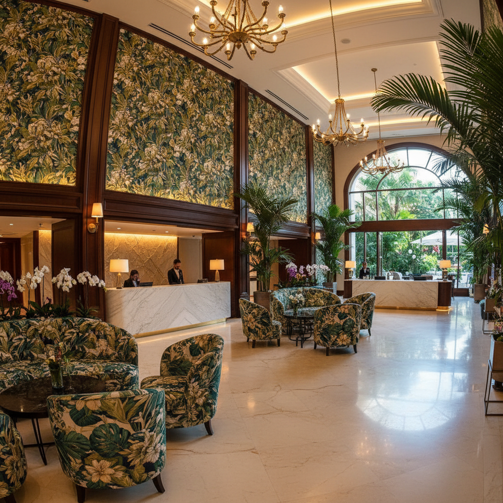 Luxury hotel lobby interior with tropical botanical pattern on upholstered chairs and wallpaper panels