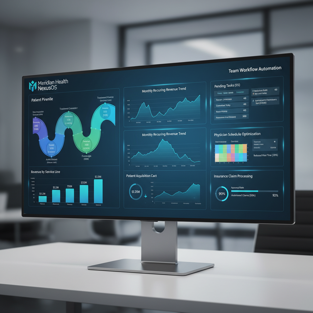 Meridian Health NexusOS dashboard showing patient pipeline metrics, revenue charts, and team workflow automation panels