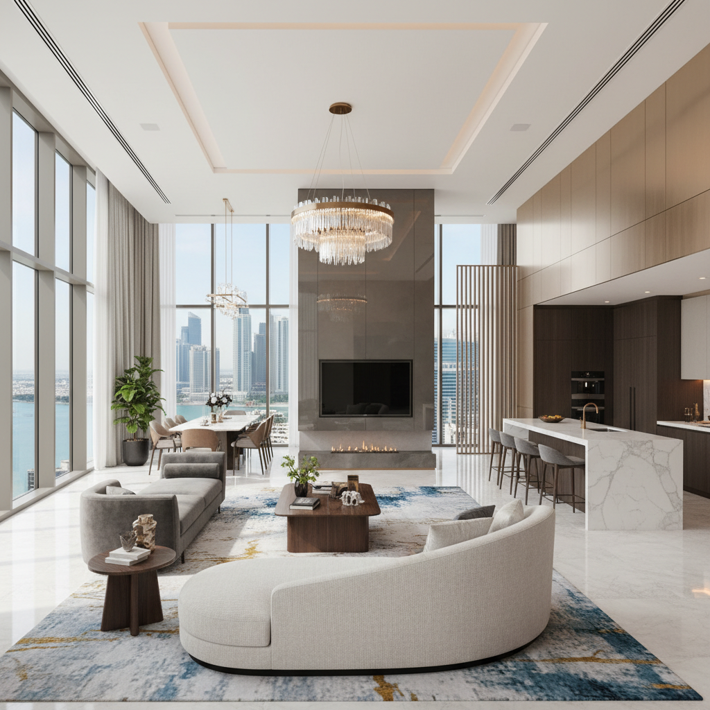 Dubai luxury apartment interior with panoramic city views and modern design