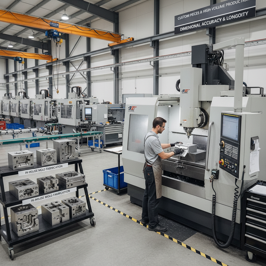 Fiberglass mold making facility with large mold forms and fabrication equipment, industrial workshop, muted cool lighting