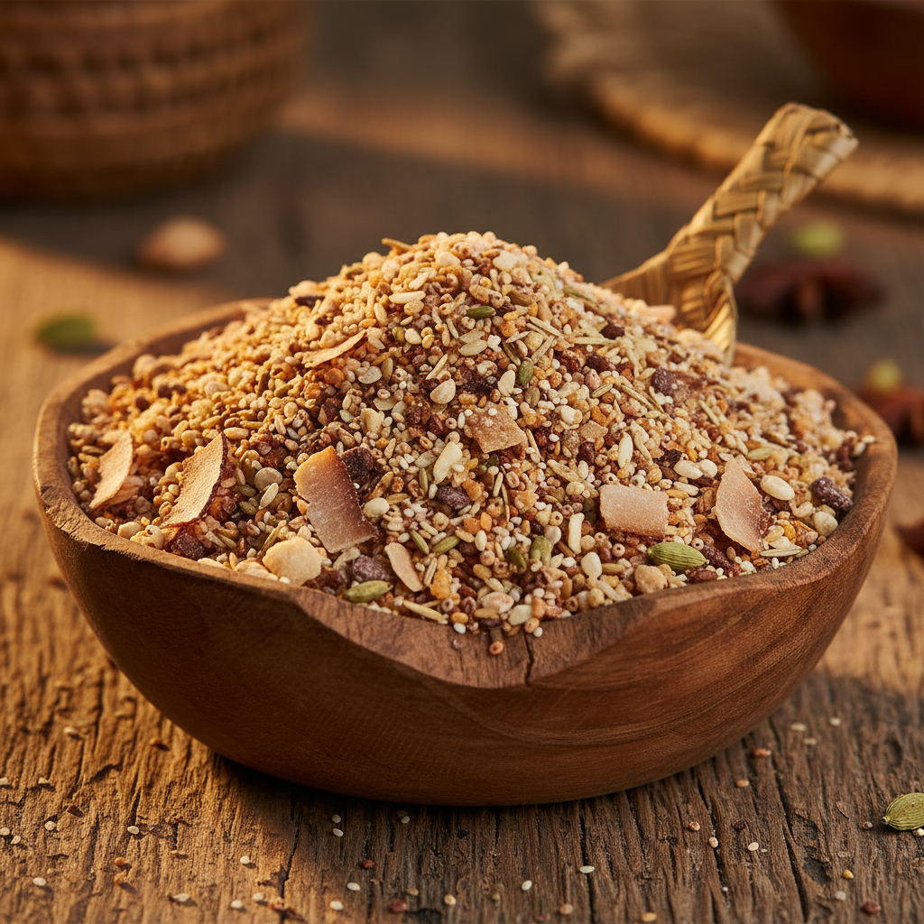 Mixed millet grains in a wooden bowl on a natural linen surface
