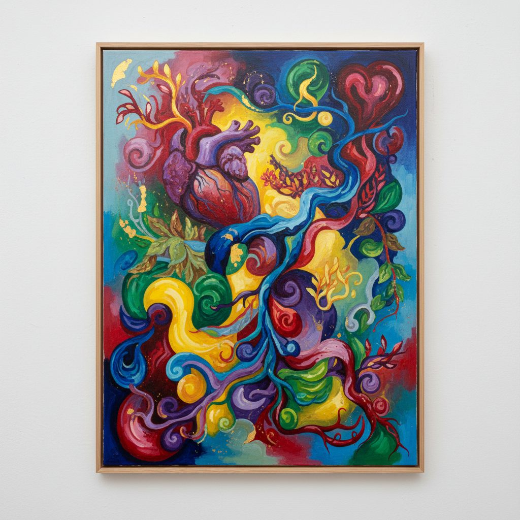 Obra de la serie Corazón Migrante, formas orgánicas y colores vibrantes sobre lienzo
