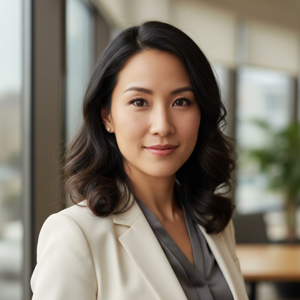 Professional Asian woman with long dark hair in elegant cream blazer in modern office setting