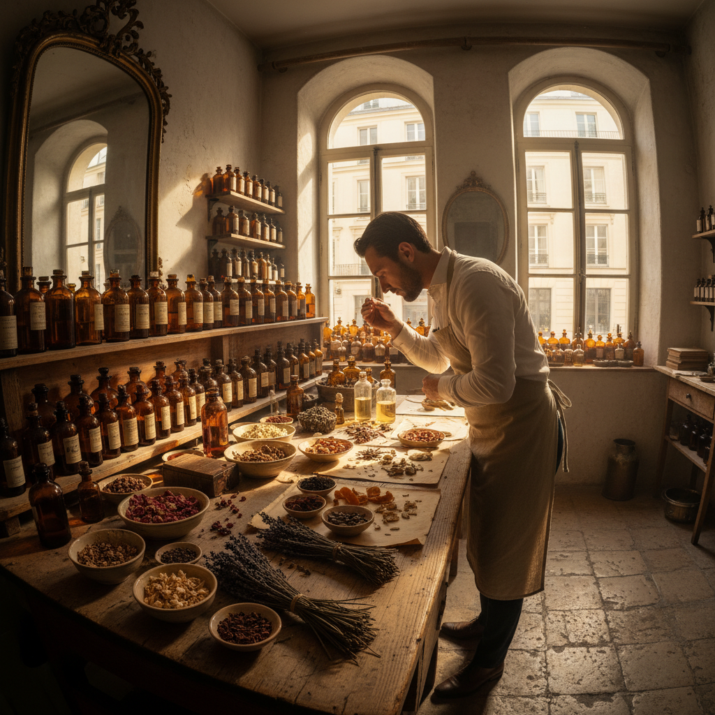 Perfumer's workshop with amber glass bottles, botanical ingredients spread on dark surface, moody atmospheric lighting