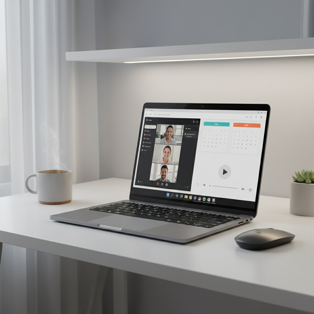 Adult using a laptop for a video call at a home desk with a calendar nearby