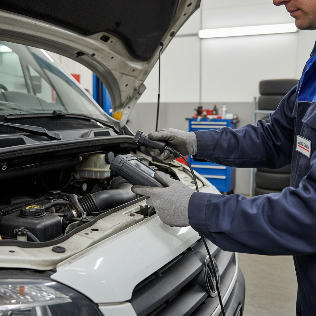 Mechanic connecting OBD diagnostic scanner to a white commercial delivery van in a well-lit garage bay