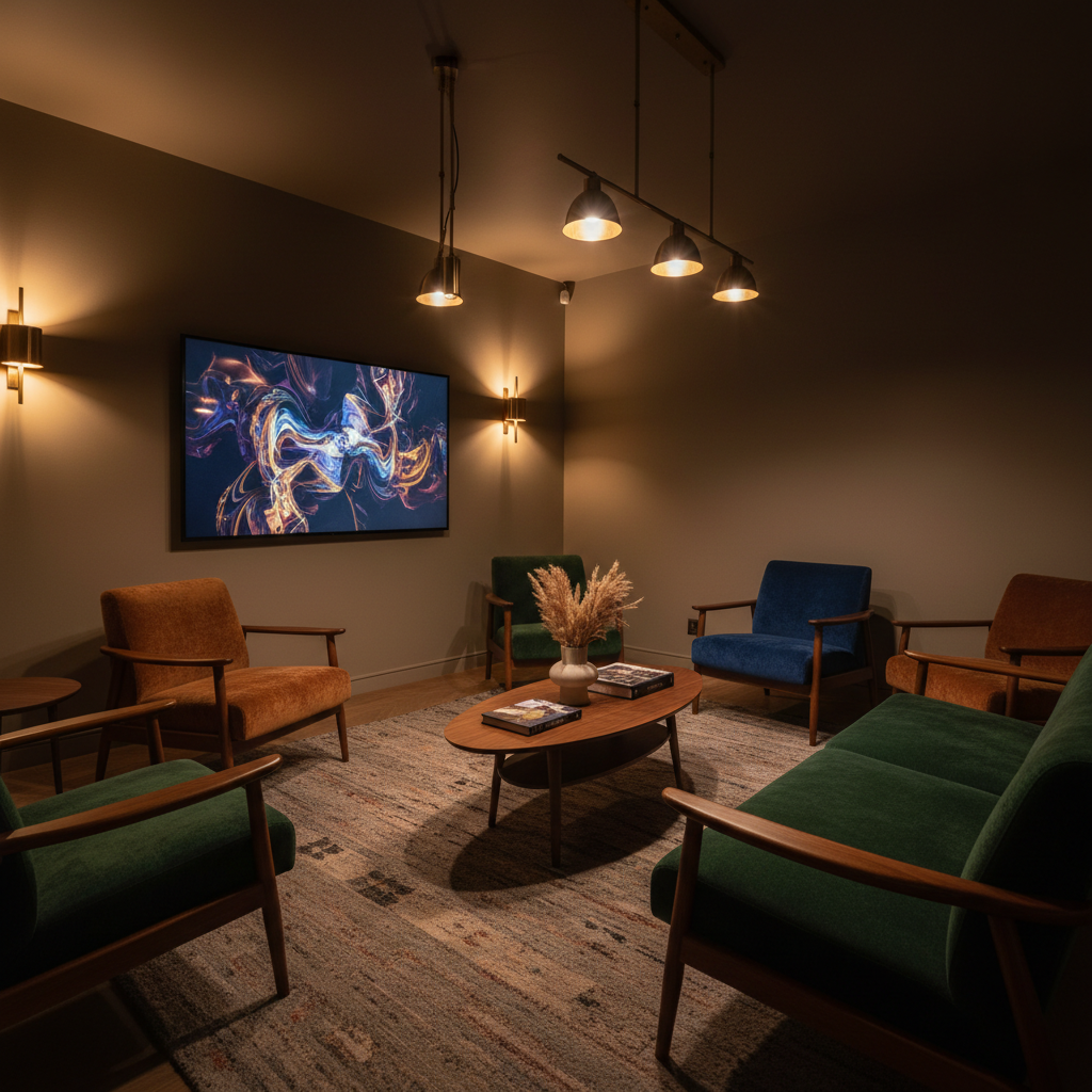 Dark, intimate client lounge with mid-century furniture, warm brass lighting fixtures, and a large reference display on the wall